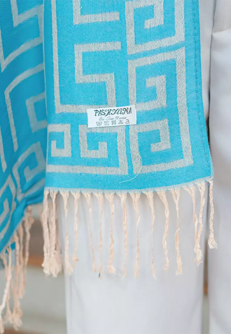 Aksesoris Wanita Reversible Viscose Geometric Maze Pattern Pashmina Shawl Syal Wanita Ocean Breeze Blue