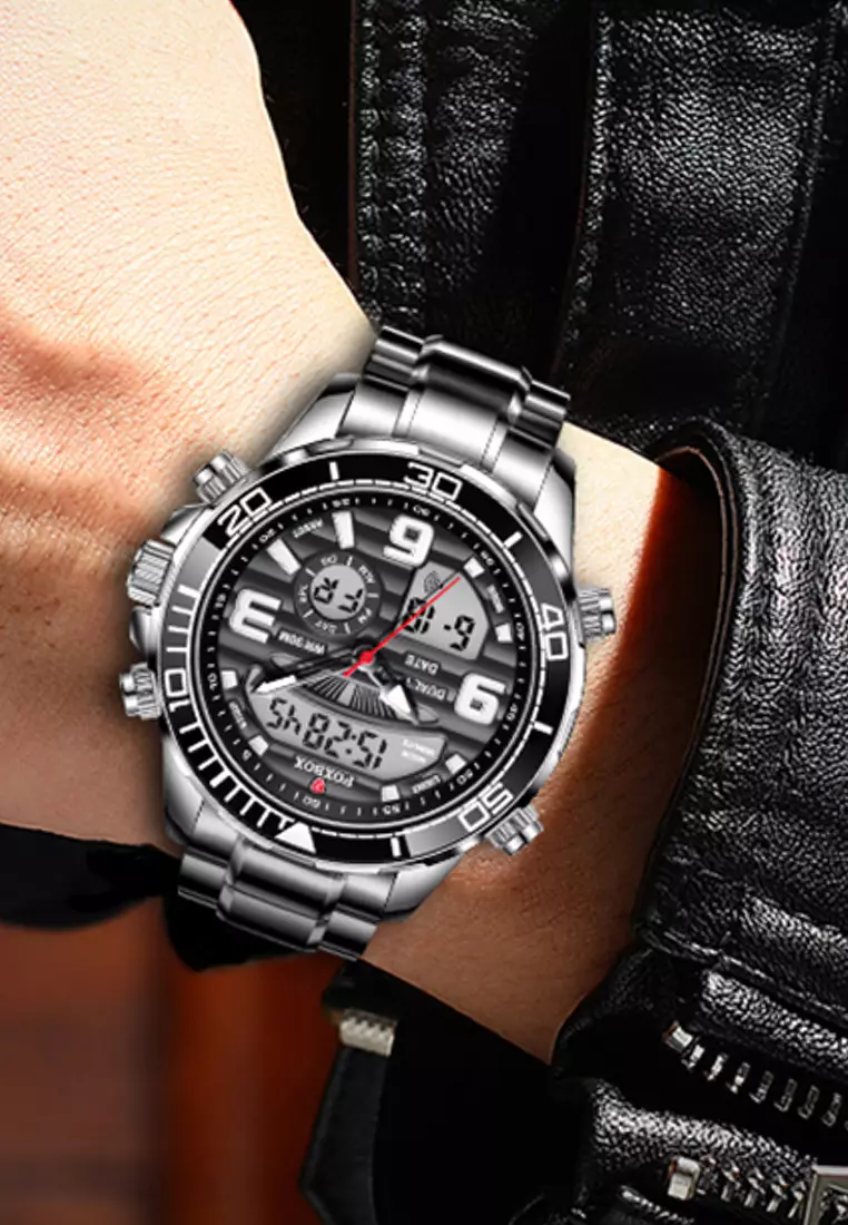 FOXBOX Unisex Stainless Steel Diver's Analogue/Digital Quartz Watch, Black Dial, Stainless Steel Bracelet, 30m Water Resistant