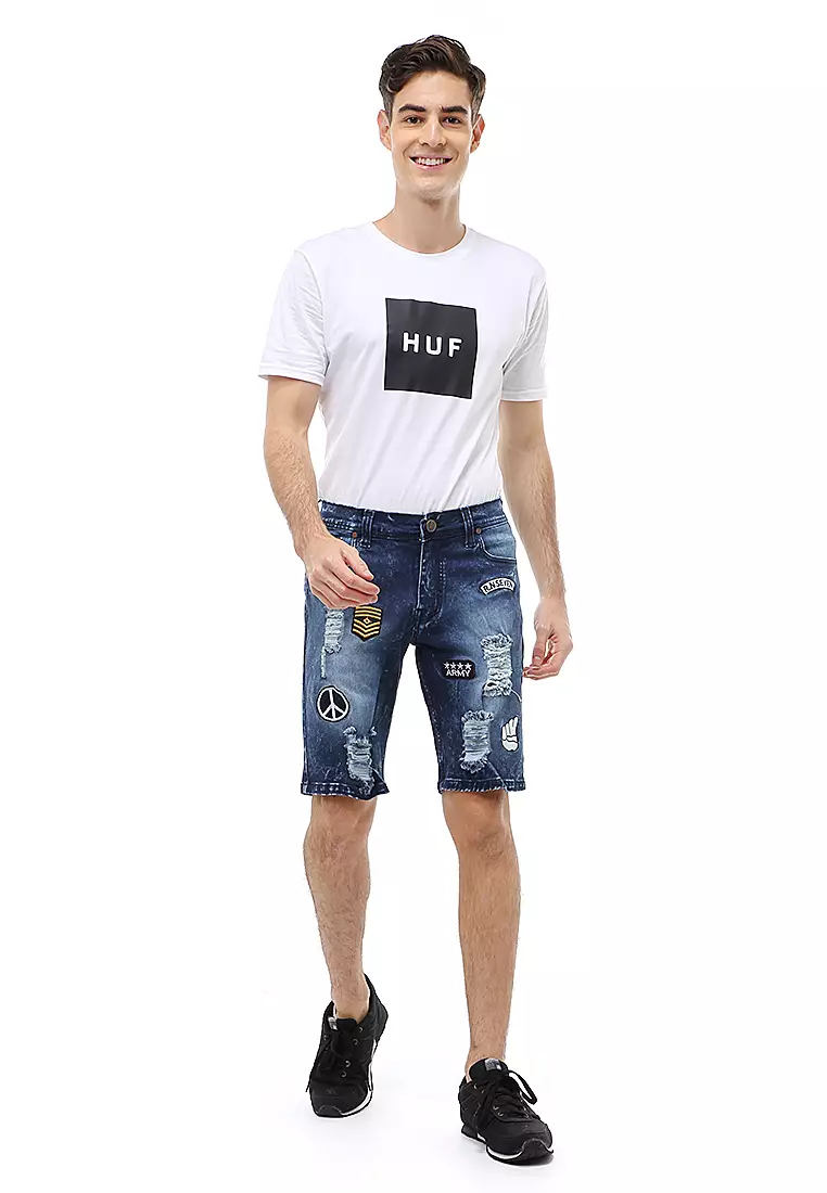 Locko Short Pants Ripped Jeans Celana Pendek Pria Sticker Motive Material Denim ORIGINAL - Retro Blue