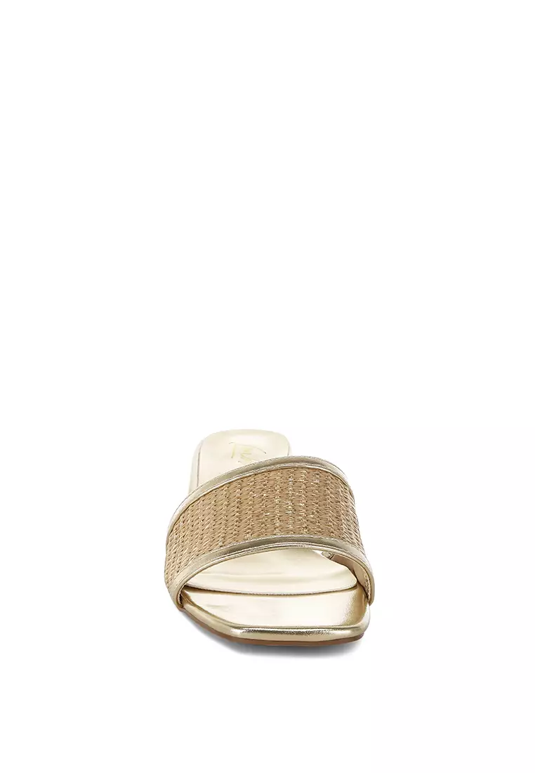 Raffia Slip On Sandals In Gold