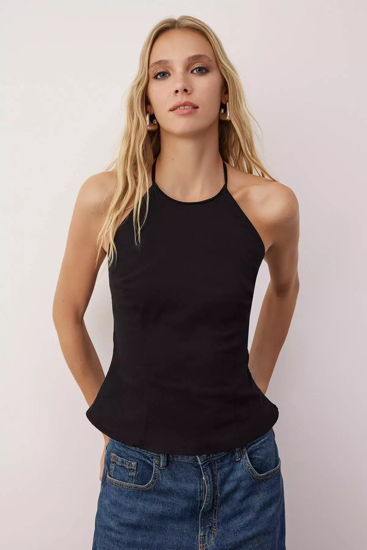 Black Cotton Thin Gabardine Halter Neck Woven Blouse