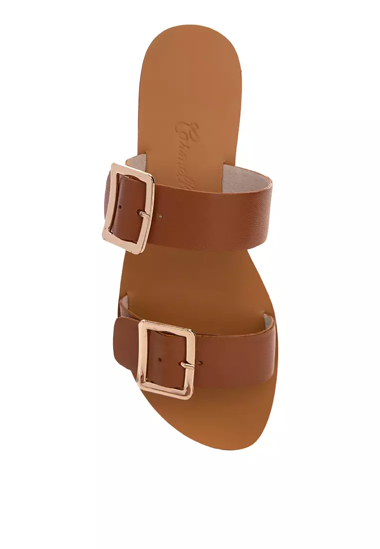 Two Strap Leather Slide Flats