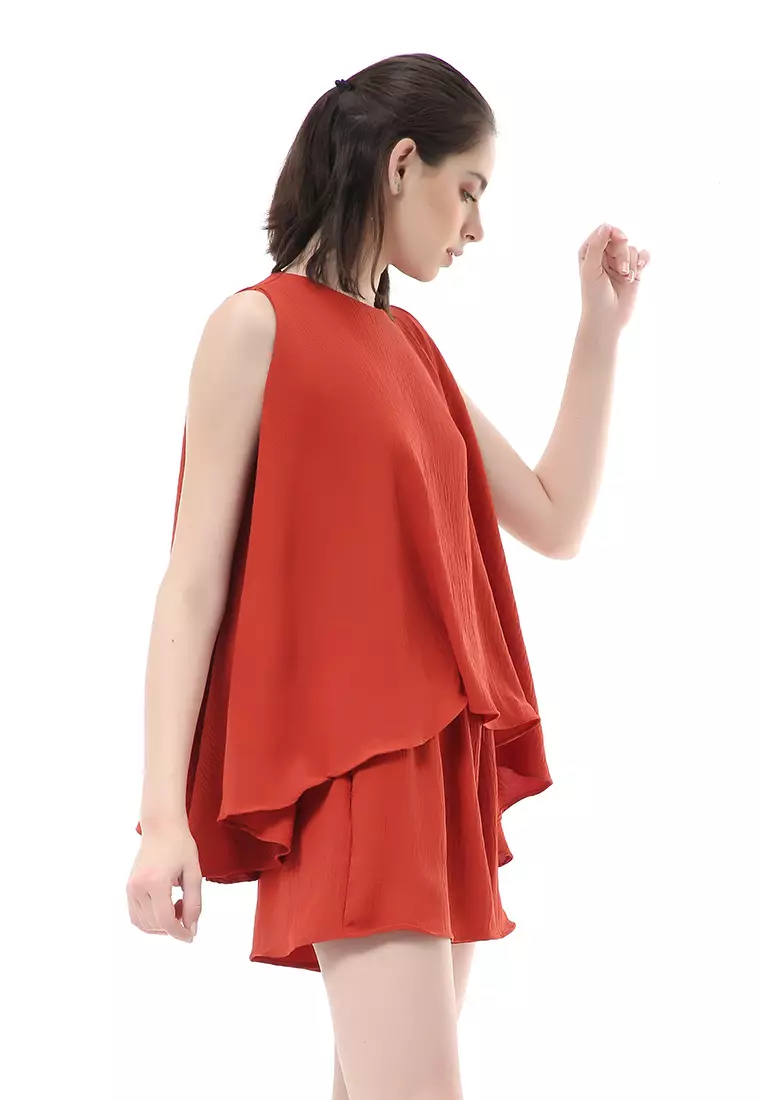 Nayra One Set Setelan Wanita Sleeveless Blouse with Short Pants Plain Motive Material Crepe Crinkle ORIGINAL - Tangerine