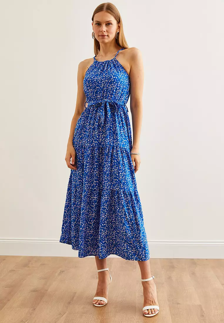 Halter Neck Belted Woven Viscose Dress