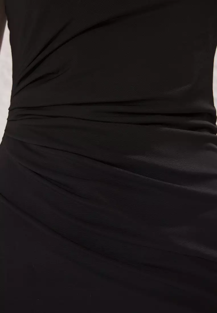 Black Bodycon Midi One Shoulder Adjustable Strap Knitted Pencil Dress Twoss23El01577