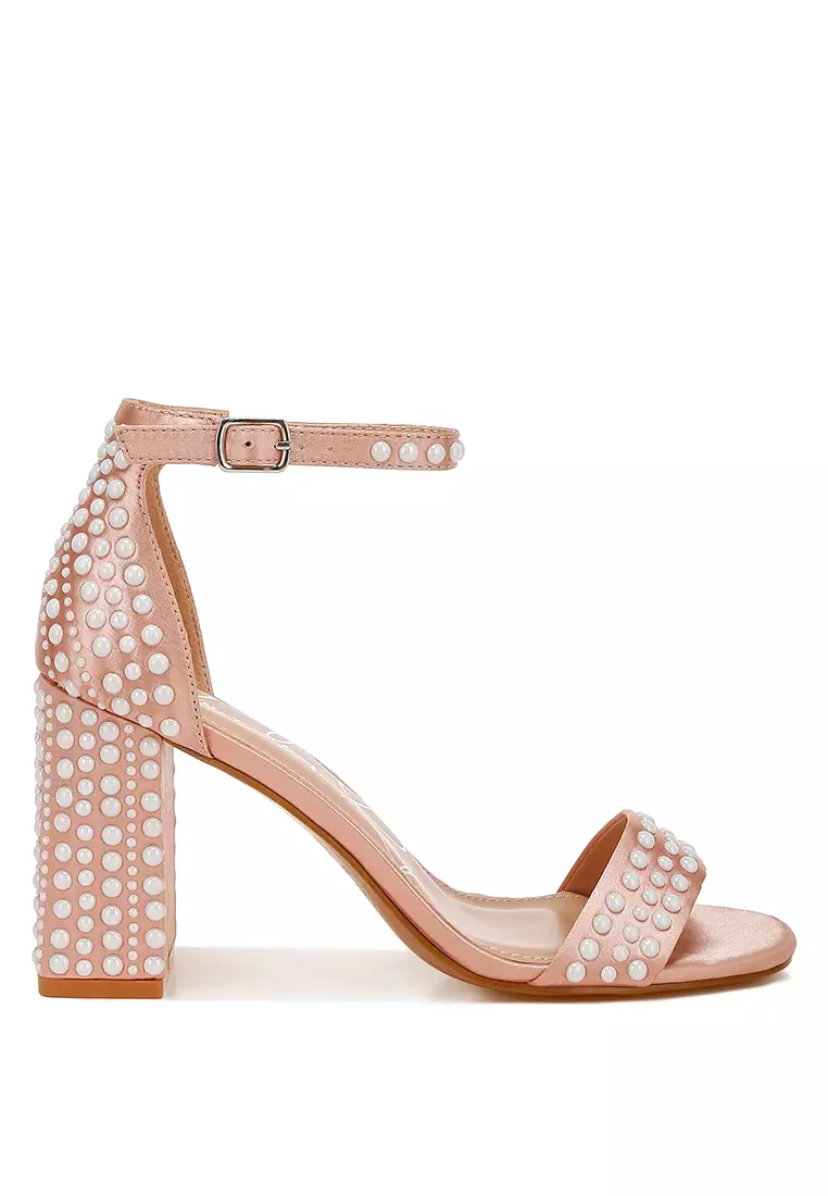Discount on London Rag  shoes - SKU: Pearls Embellished Satin Sandals in Rose Gold