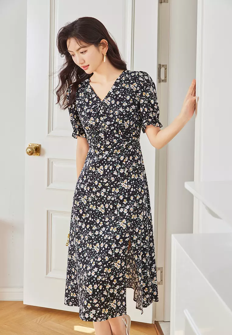 Puff Sleeve V-Neck A-Line Floral Dress
