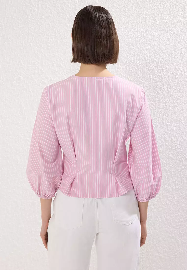 Pink Double Breasted Striped Woven Blouse Twoss25Bz00170