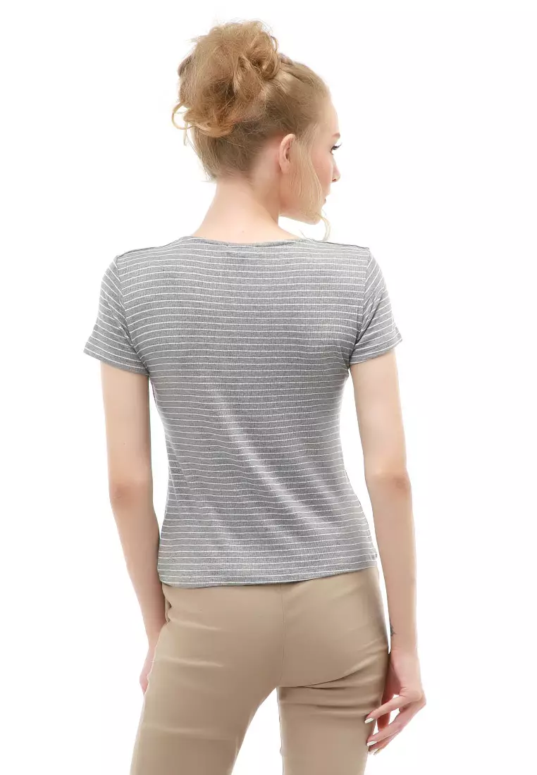 Genevie Blouse Kasual Wanita Lengan Pendek Model Salur Variasi Kerut Tengah Material Cotton ORIGINAL - Gray