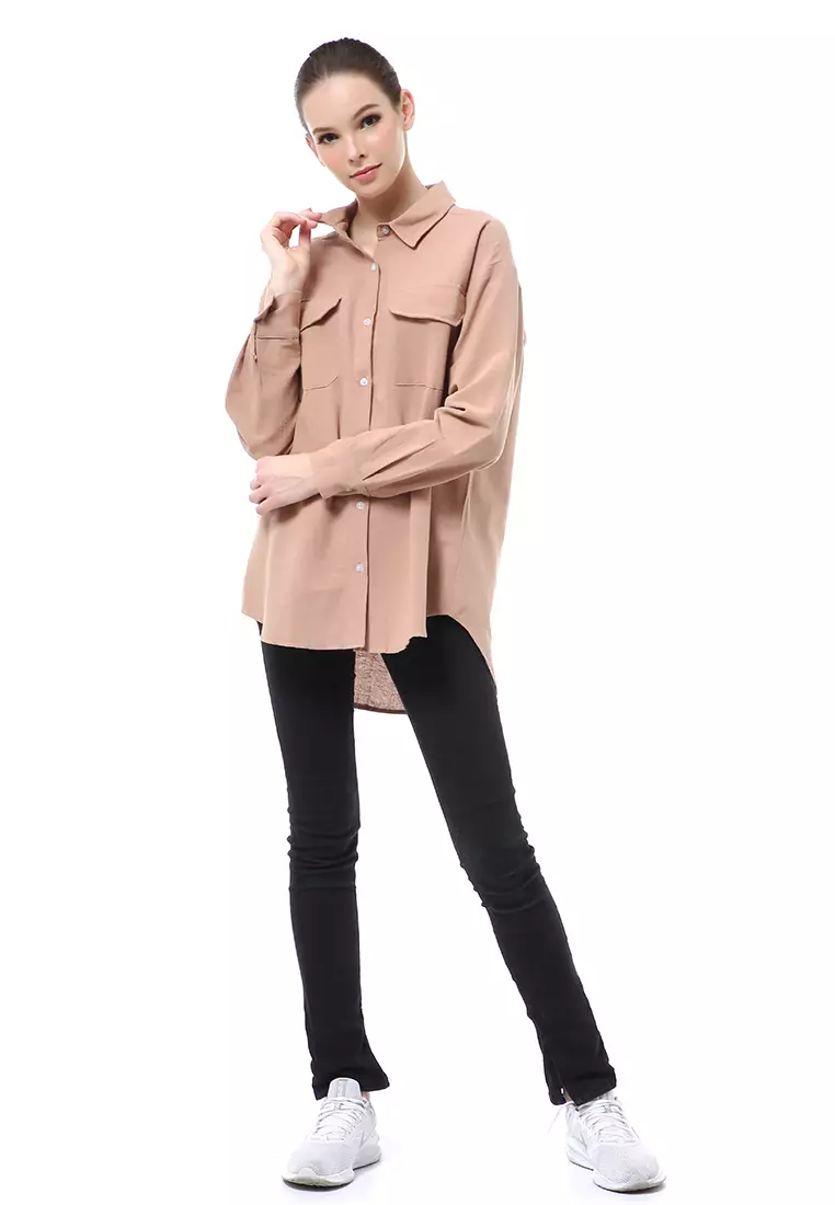 Brielle Atasan Wanita Kemeja Oversize Lengan Panjang Double Pocket Material Linen ORIGINAL - Caramel