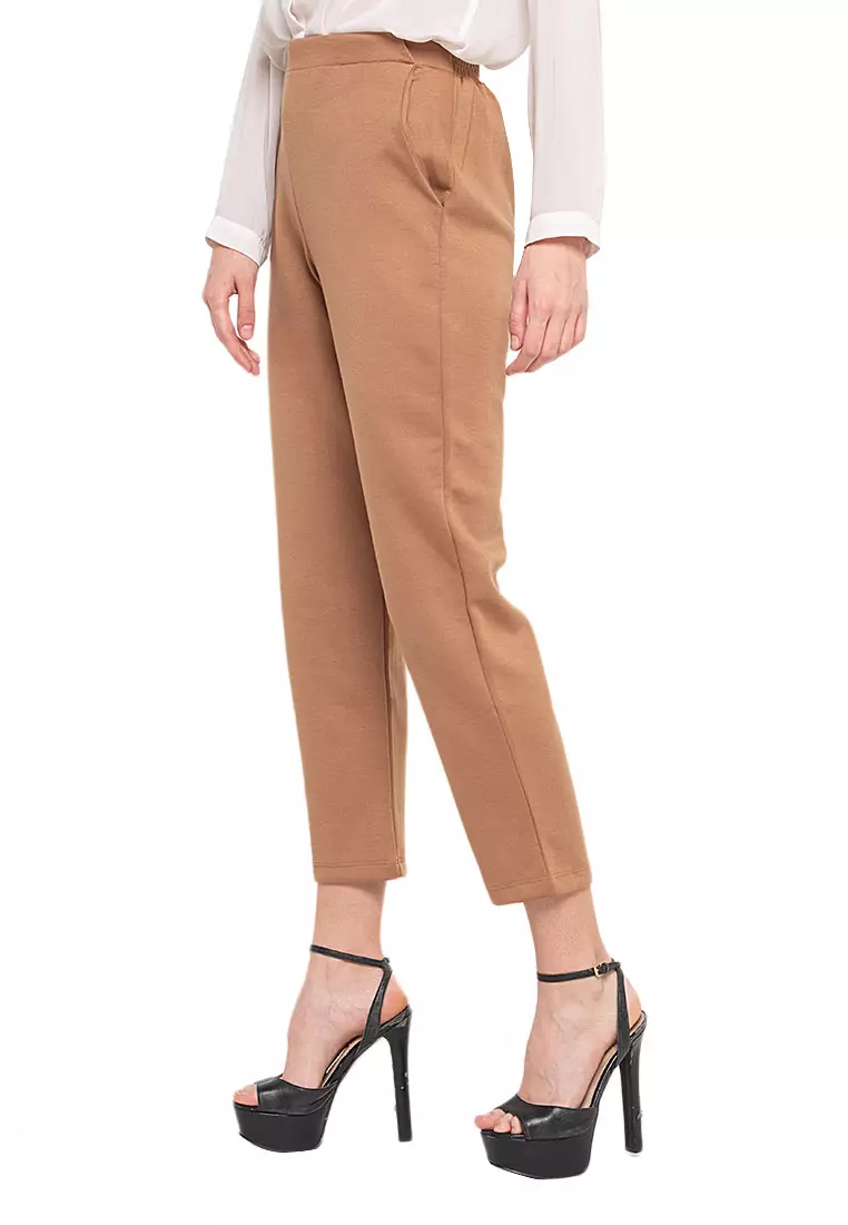 Ailen Tapered Long Pants Motif Solid High Quality Bawahan Wanita - Brown