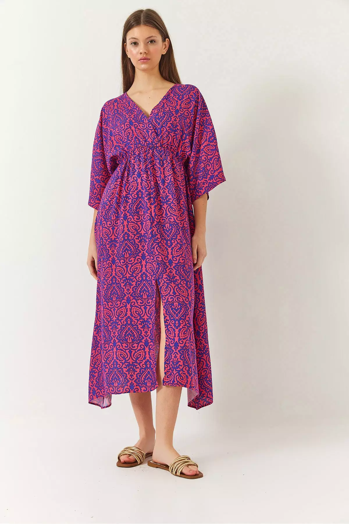 Women's Double Breasted V Neck Front Slit Detail Print Dress 60261411