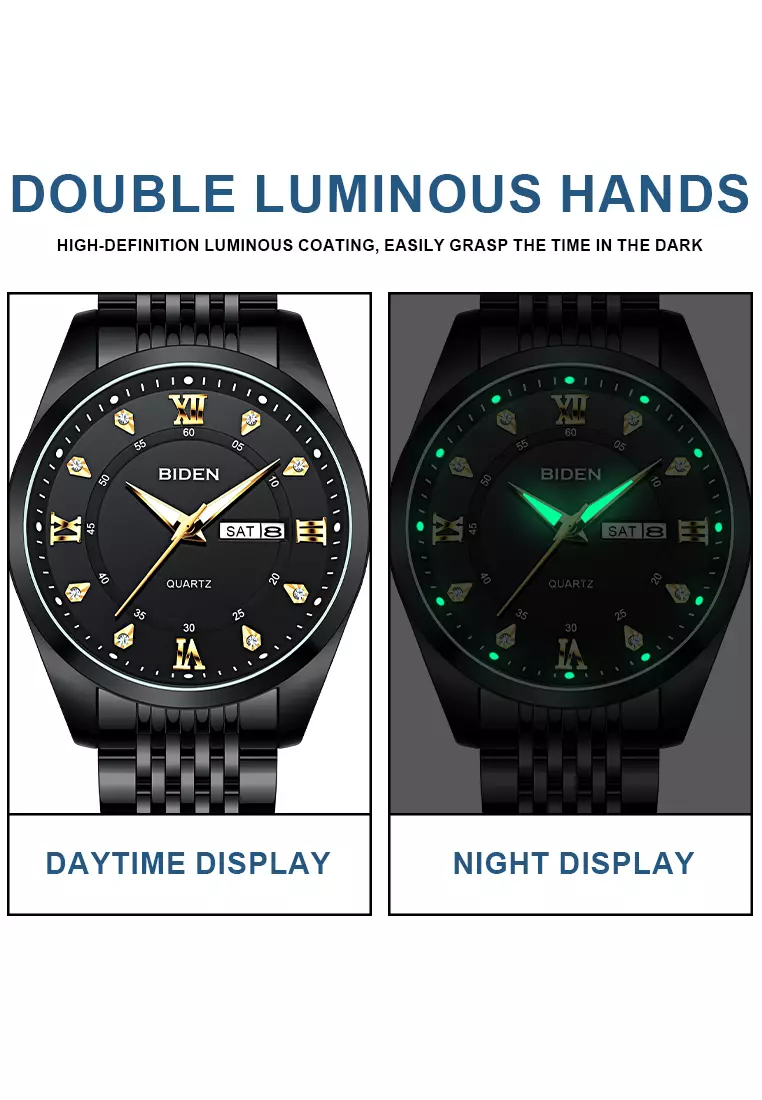 Jam Tangan Pria Original Kalender Luminous Luxury Tali Stainless Steel Jam Tangan Cowok hitam