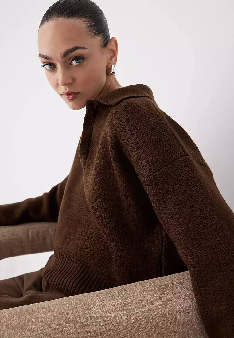 Brown Soft Textured Wide Fit Knitwear Sweater