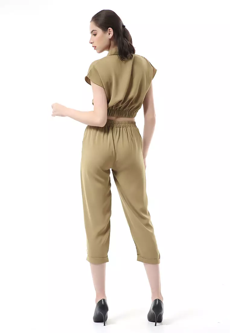 Nayra One Set Setelan Atasan Crop Karet Lengan Pendek Basic Pants Wanita Material Dolce ORIGINAL - Kiwi