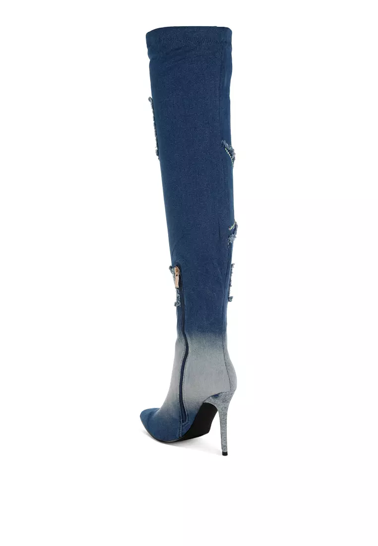 Rhinestones Knee High Denim Boots in Dark Blue