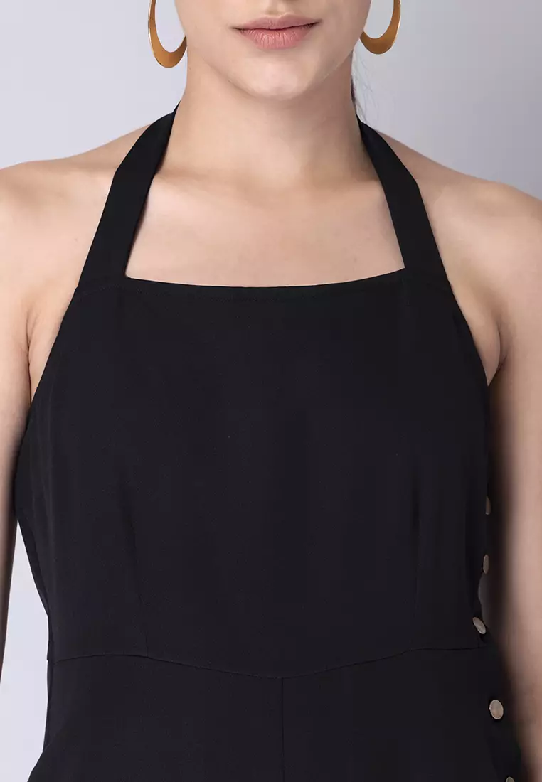 Black Halter Buttoned Jumpsuit