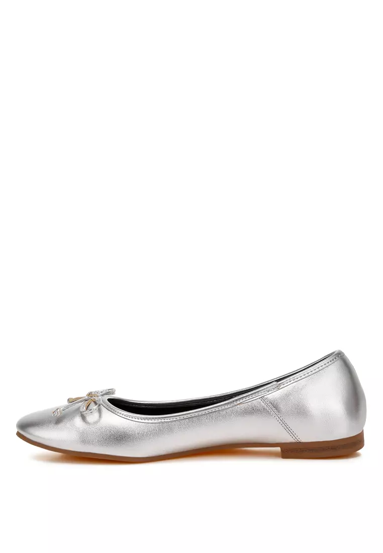 Bow Detail Metallic Ballerinas in Silver