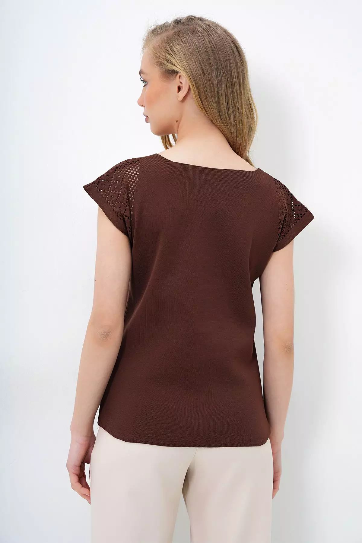 Women's Brown Square Collar Openwork Summer Knitwear Blouse