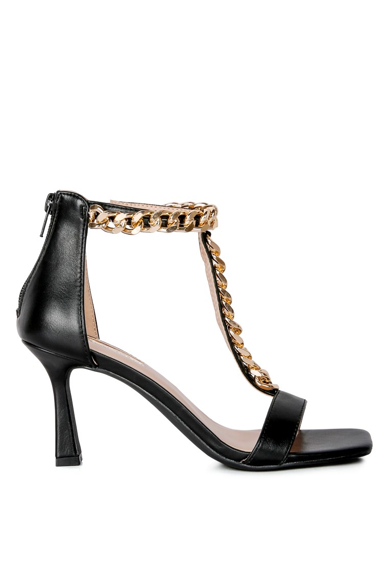 Black Mid Heel Chain Detail T Strap Sandal