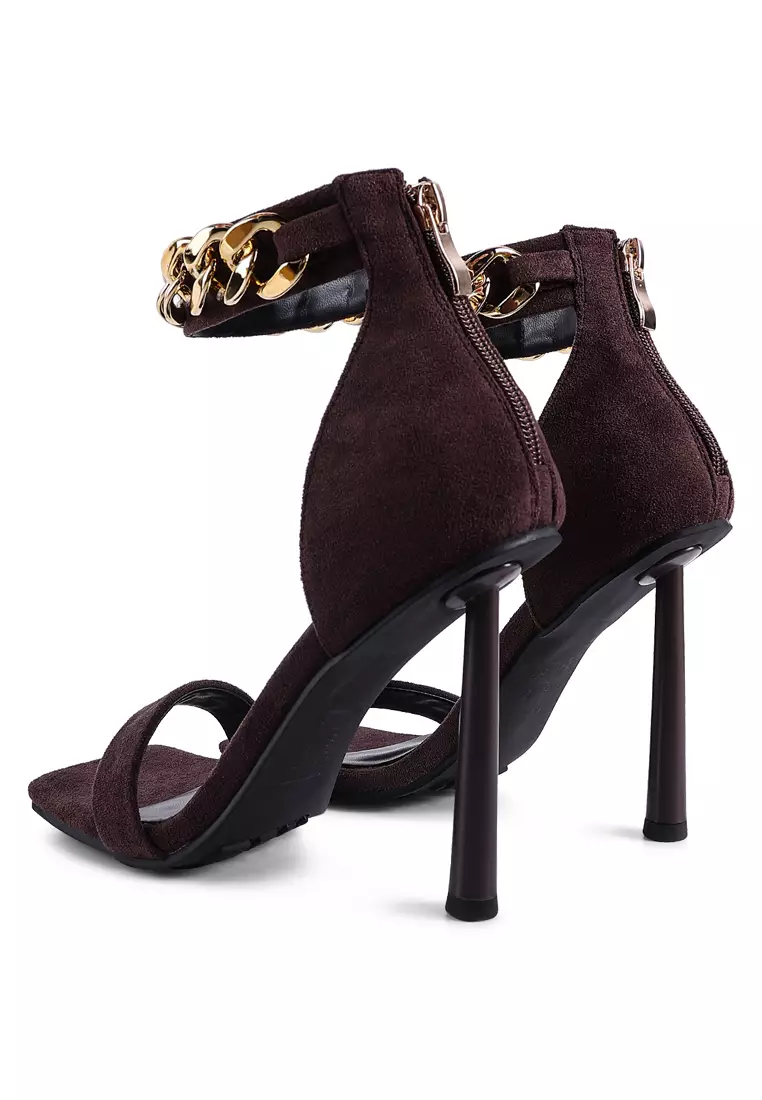 Brown Heeled Faux Suede Chain Strap Sandal