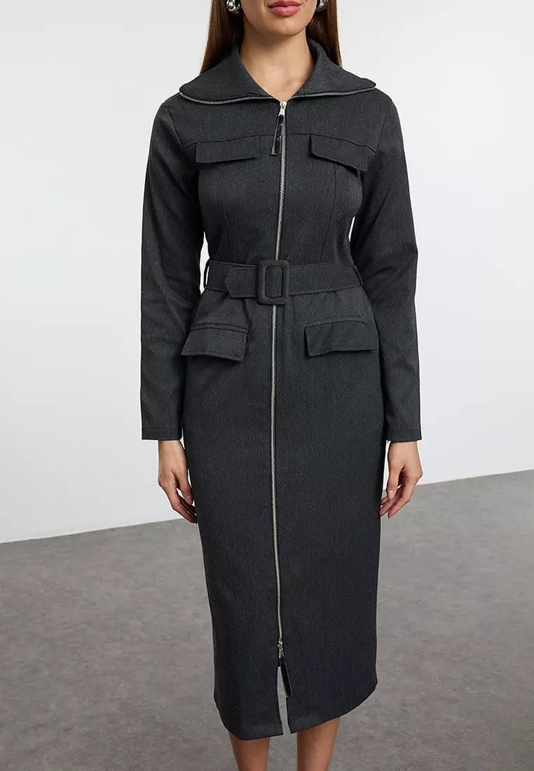Anthracite Zippered Pocket Detailed Gabardine Fabric Midi Woven Shirt Dress TWOAW25EL00261
