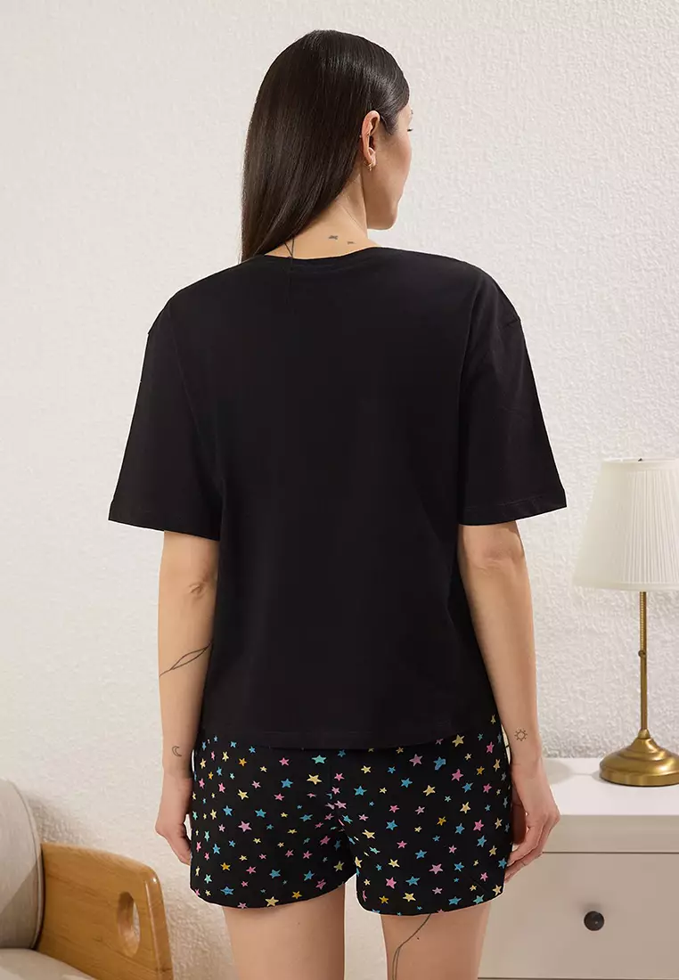 Black-Multicolored 100% Cotton Teddy Bear And Star Printed Shorts Knitted Pajama Set Thmss25Pt00350