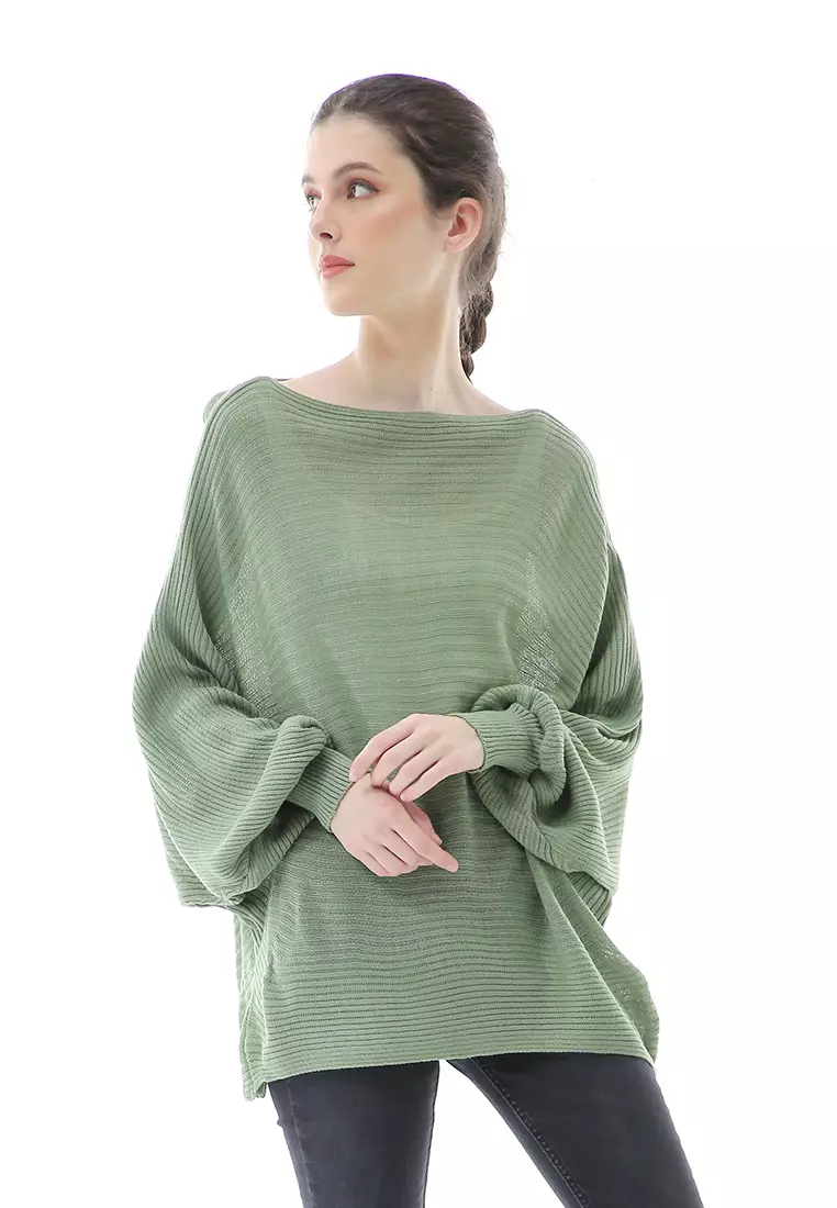 Eveline Sweater Rajut Batwing Atasan Wanita Motif Polos High Quality - Hijau Mint