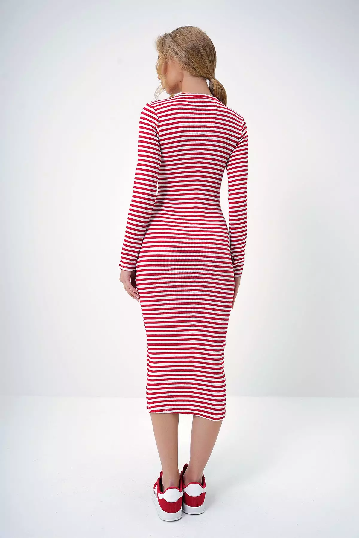 Women's Red Crew Neck Striped Midi Length Basic Dress