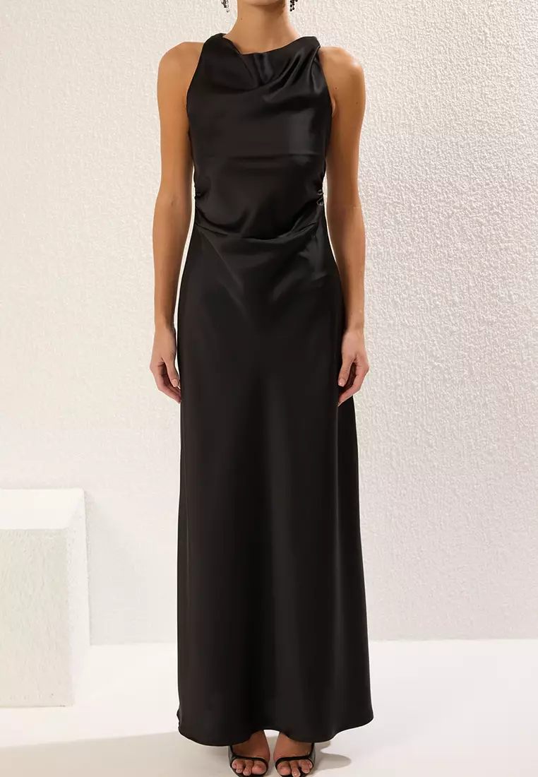 Black Bodycon Satin Woven Maxi Evening Prom Dress TPRSS25AE00066