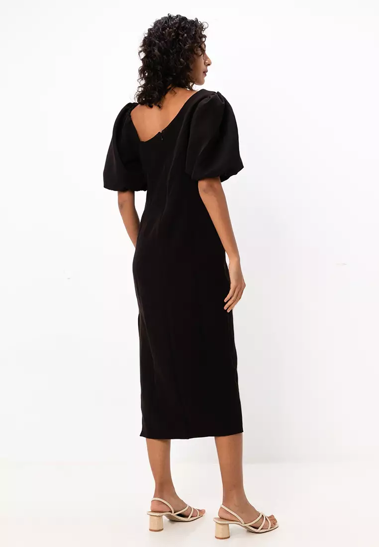 Puff Sleeve Midi Dress With Asymmetric Neck Line