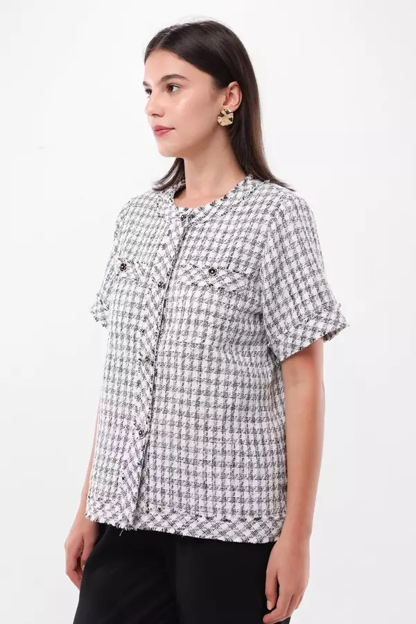 Minimal Isabetta Short Sleeve Tweed Jacket - Black