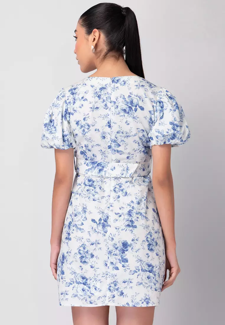 White And Blue Floral Wrap Dress with Self Fabric Belt