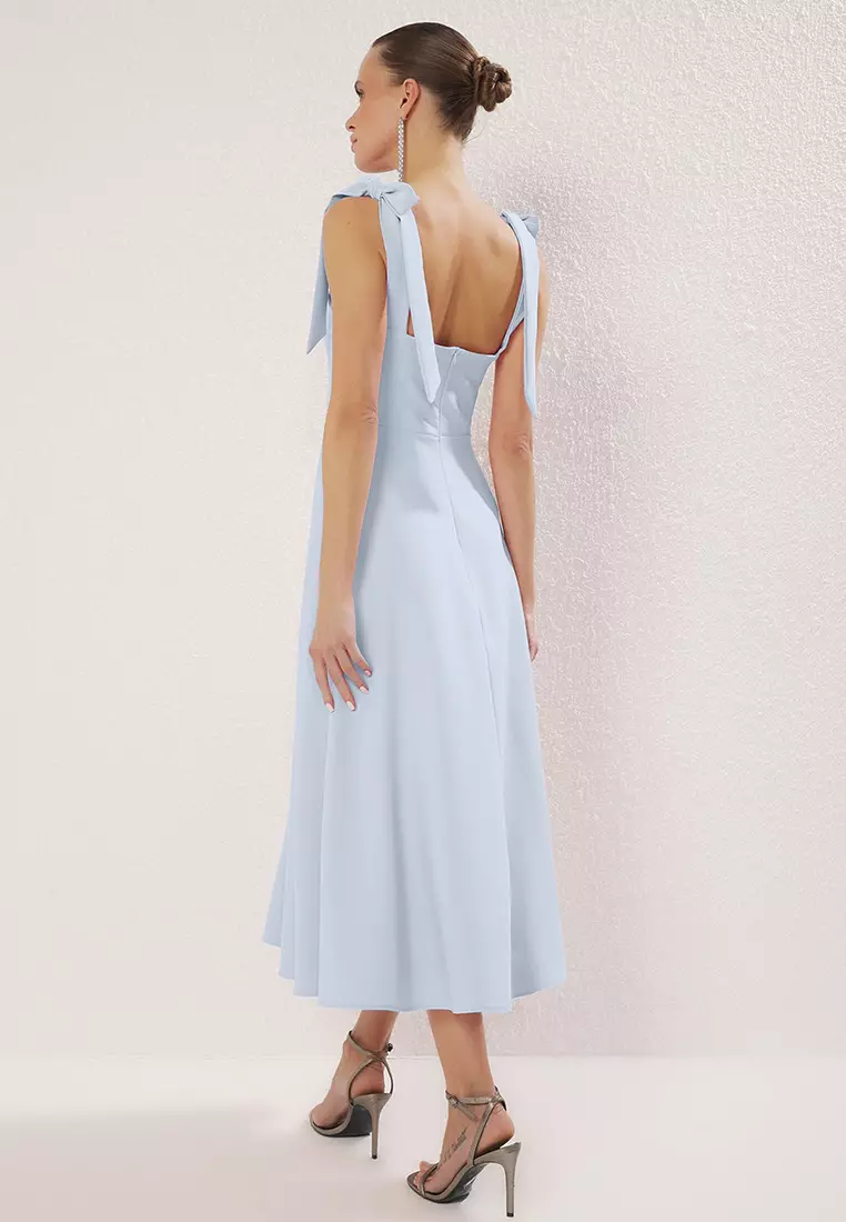 Light Blue A Cut Strap Fastening Detailed Midi Elegant Evening Dresses Evening Graduation Dress
