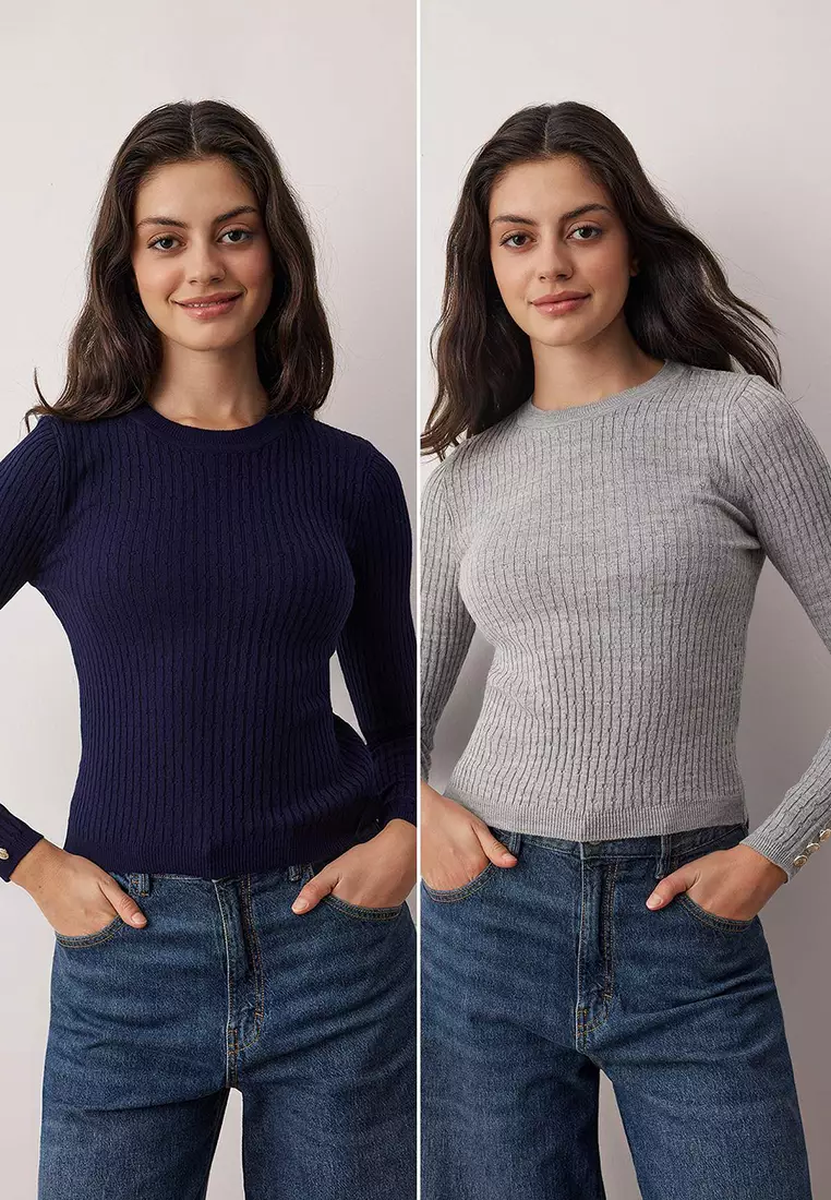 Navy Blue-Grey Crew Neck Hair Knit Double Pack Knitwear Sweater Twoaw26Kz188