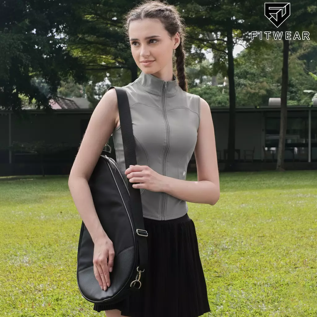 Fitwear Jaket Olahraga Padel Tenis Wanita ALIYAH SLIMFIT SLEEVELESS - GRAY