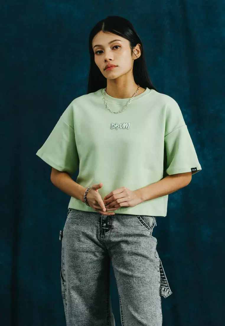 SELECT Women Puff Print & Spray Oversized Tee- Green