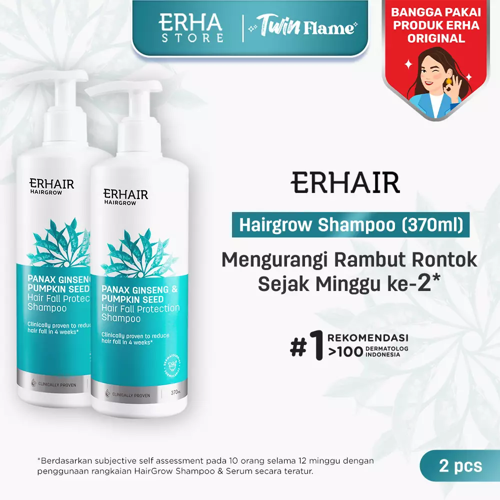[BEST COMBO ANTI HAIR FALL] ERHAIR Hairgrow Shampoo 370ml (2pcs) - Sampo Anti Rambut Rontok | DHT Blocker | Panax Ginseng & Pumpkin Seed |Rekomendasi Ahli Dermatologi