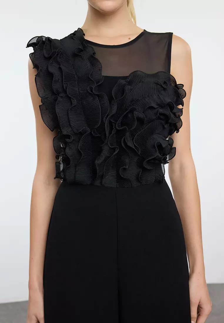 Black Tulle Detailed Woven Jumpsuit TPRAW25TU00000