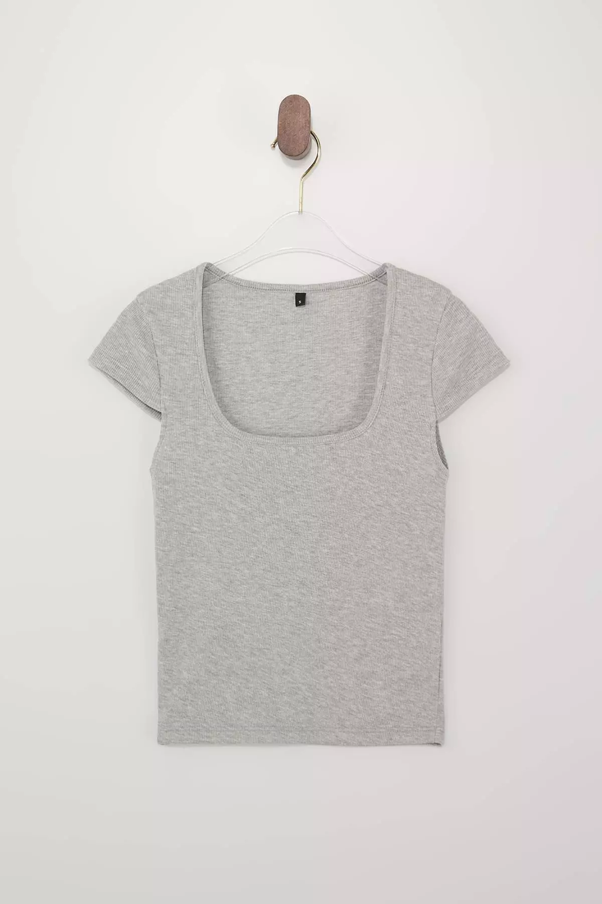Wardrobe Essentials-Wardrope Essentials Gray Melange Fitted Crop Stretchy Knitted Blouse Twoss26Bz155
