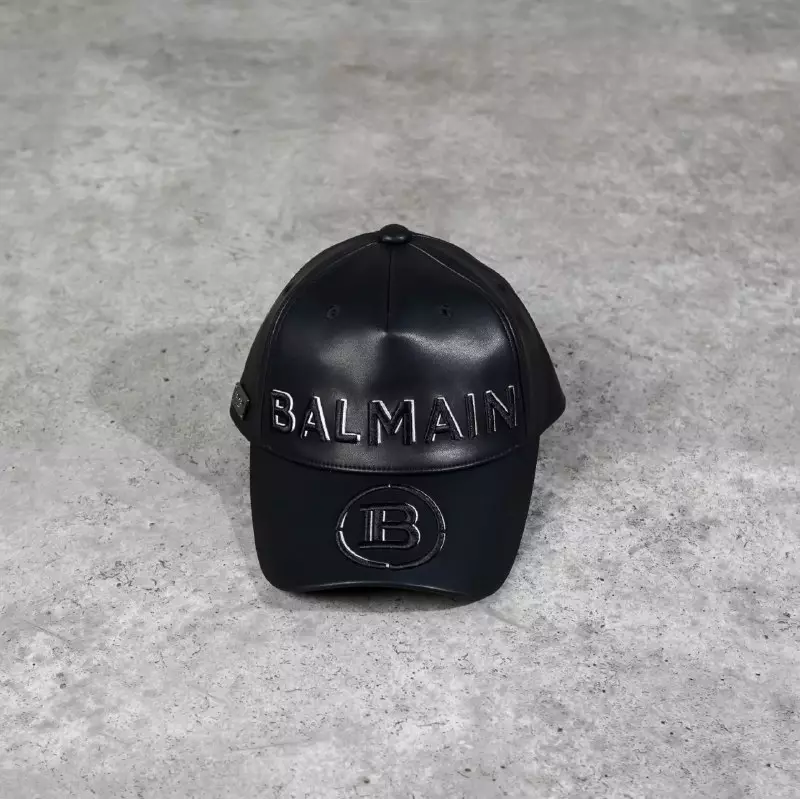 Topi BALMAIN B CIRCLE TEXT EMBROIDERY BLACK LEATHER CAP 100% ORIGINAL