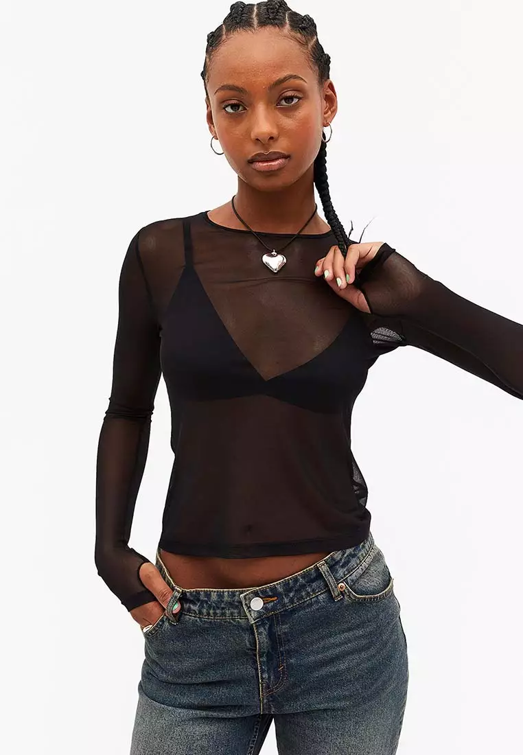 Buy Monki Long Sleeved Mesh Top in Dark/Black 2024 Online