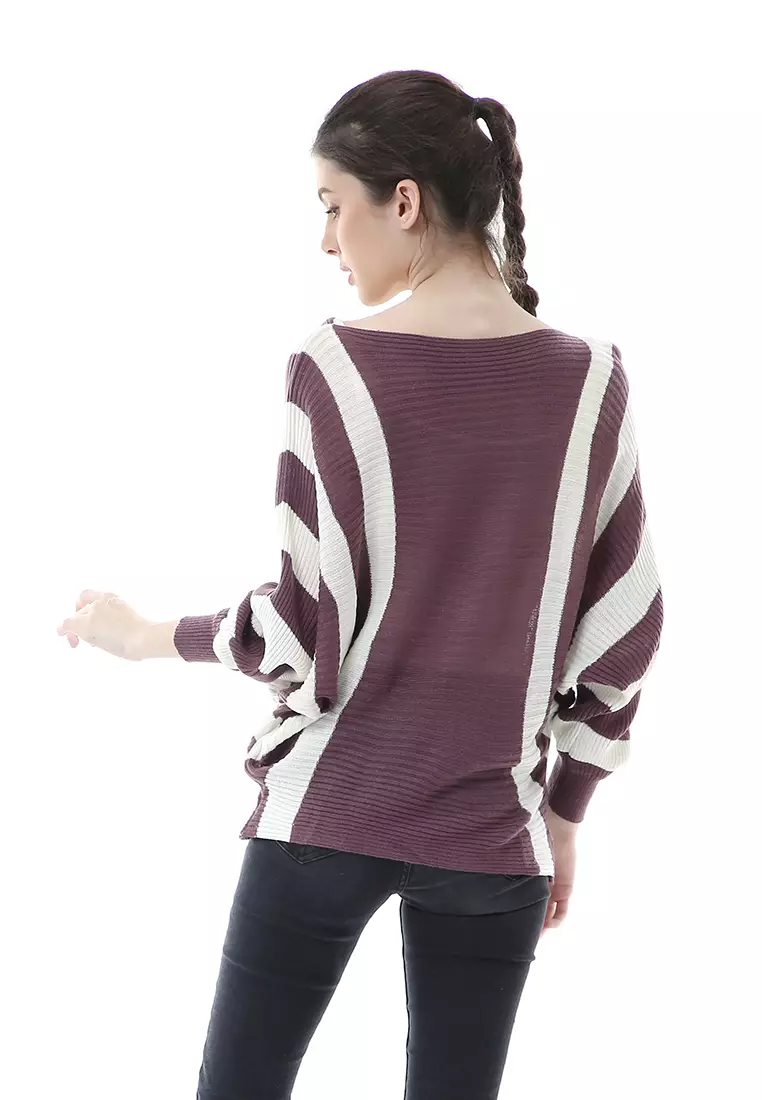 Viana Blouse Rajut Atasan Wanita Motif Zebra Stripe Oversize Jumbo Premium Quality - Burgundy