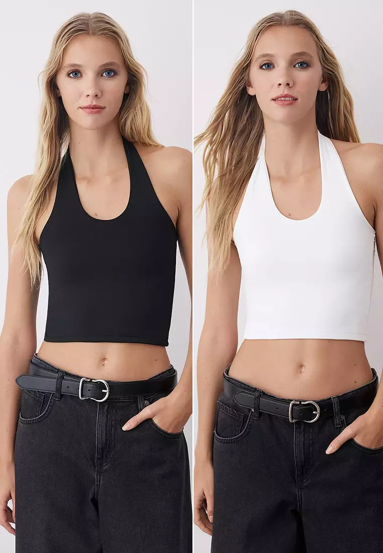 Black-White Halter Neck Fitted Crop Flexible Knit Blouse Twoaw26Bz00251