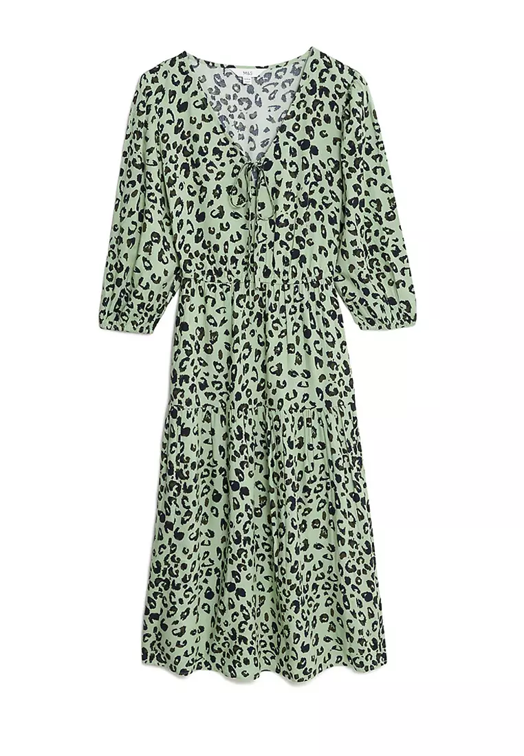 Printed Tie Neck Midi Tiered Dress