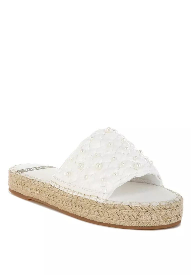 Pearl Embellished Woven Flats In White