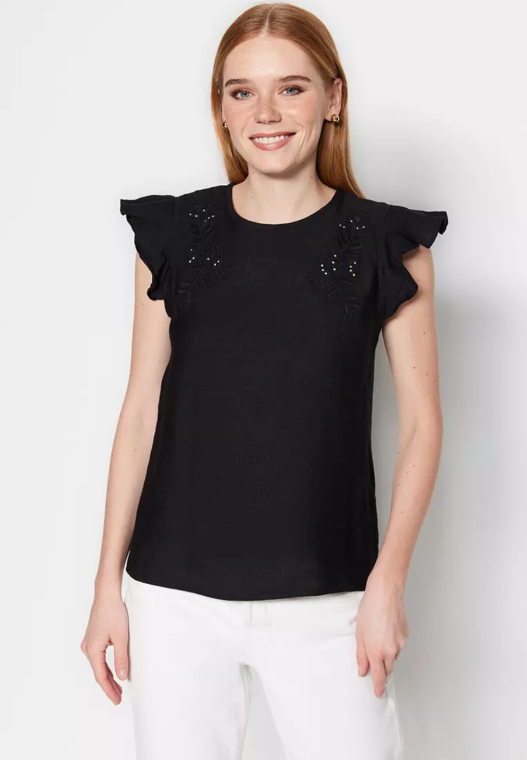 Buy Black/Brown Broderie Frill Sleeve Embroidered Cami Top from