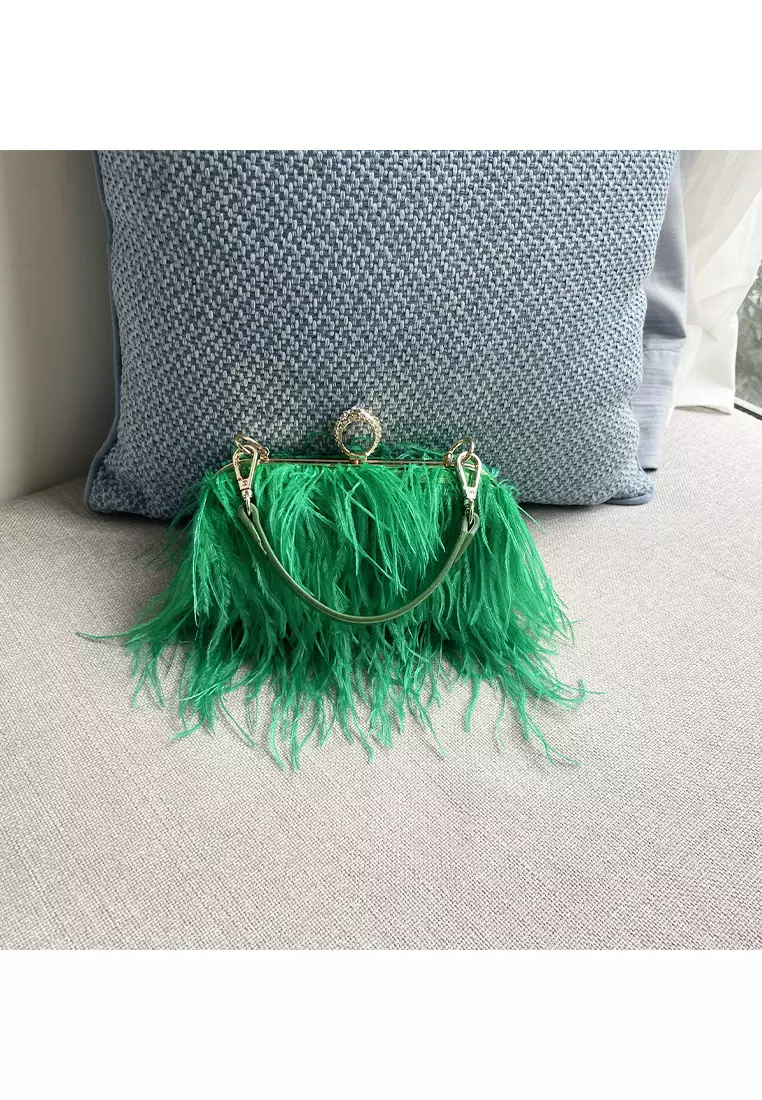 Ostrich Feather Ring Buckle Chain Crossbody Shoulder Small Square Bag