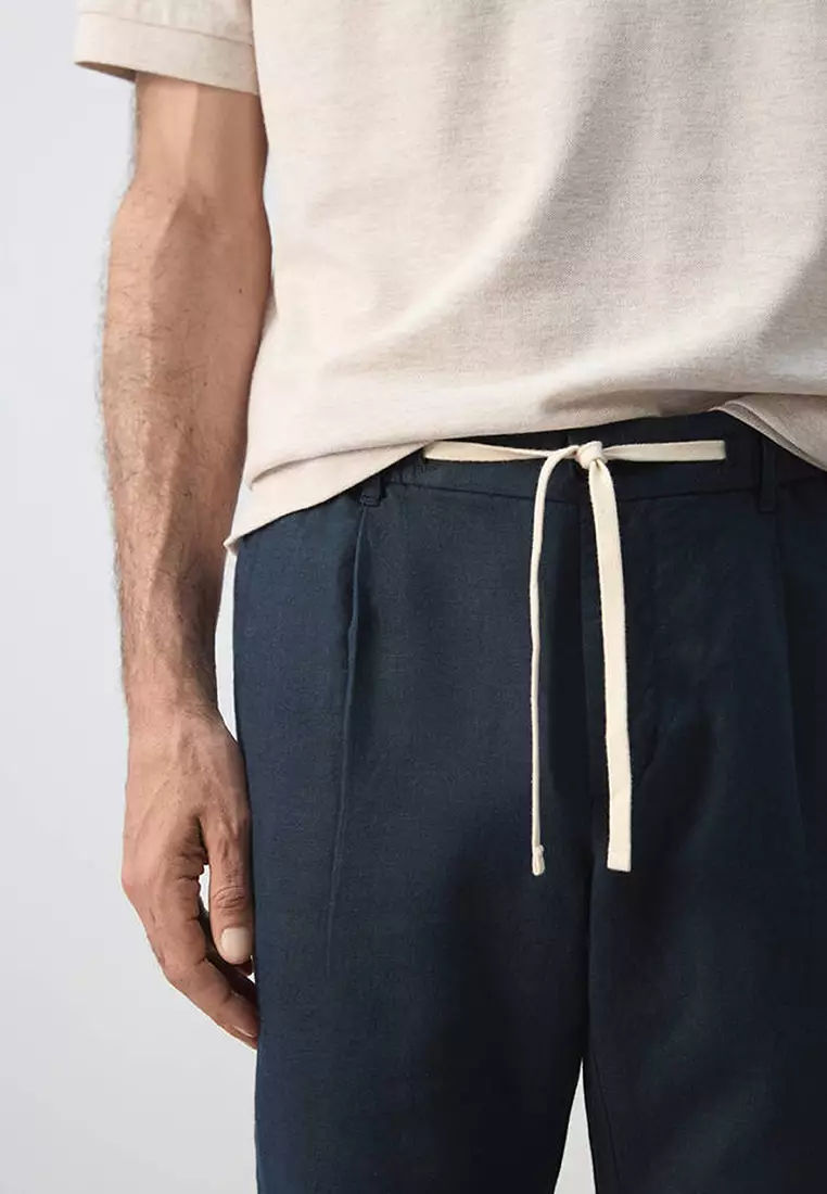 Slim Fit Cropped Linen-Cotton Trousers