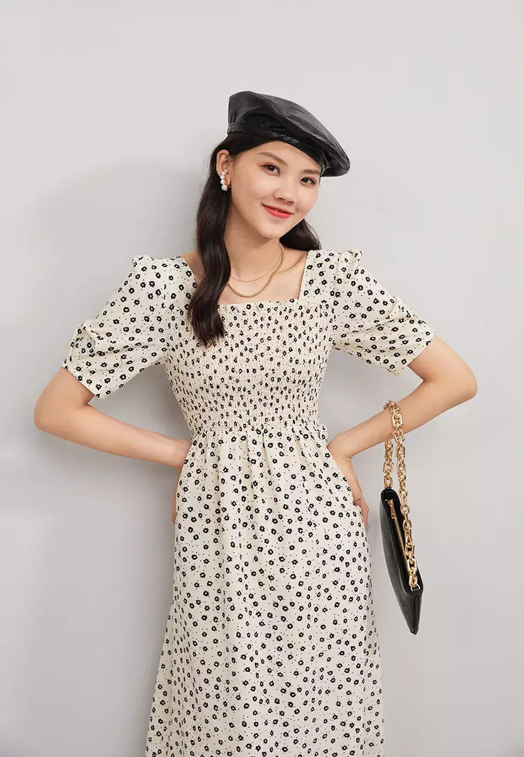 Square Neck Textured Floral Long Dress